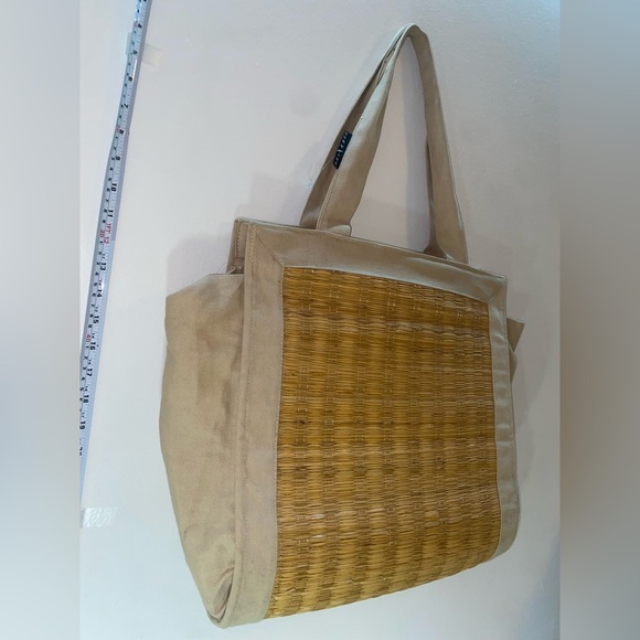 Sun N’ Sand Large Tan Woven Straw / Tissu Tote Bag / Beach bag sunnsand - Picture 7 of 16